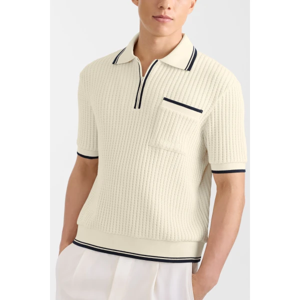 Mackage Estaban Crochet Knit Quarter-Zip Polo Shirt in Cream-Navy