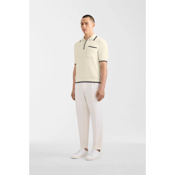 Mackage Estaban Crochet Knit Quarter-Zip Polo Shirt in Cream-Navy