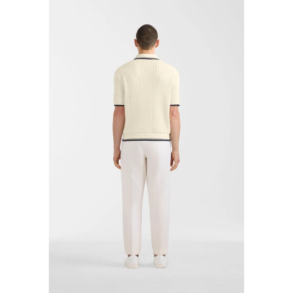 Mackage Estaban Crochet Knit Quarter-Zip Polo Shirt in Cream-Navy