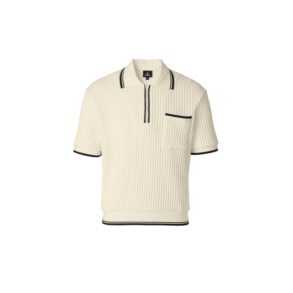 Mackage Estaban Crochet Knit Quarter-Zip Polo Shirt in Cream-Navy