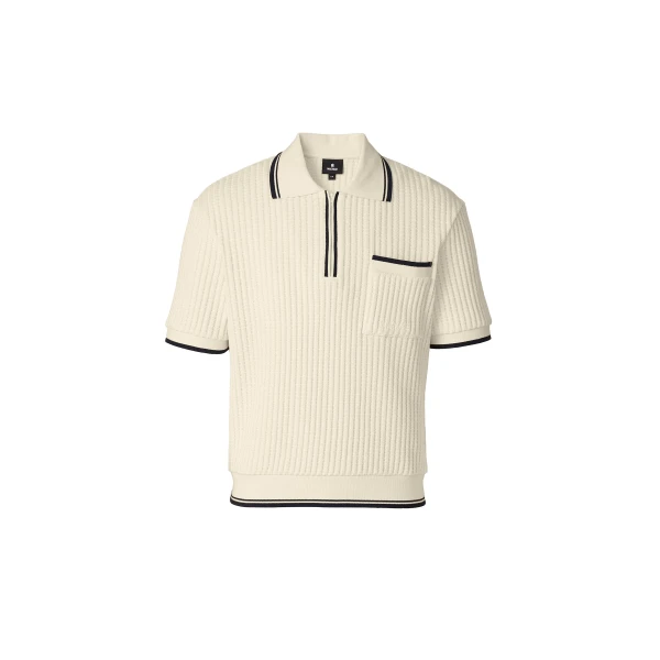 Estaban Crochet Knit Quarter-Zip Polo Shirt in Cream-Navy