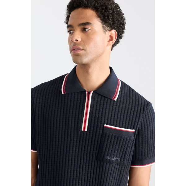Mackage Estaban Crochet Knit Quarter-Zip Polo Shirt in Navy-Multi