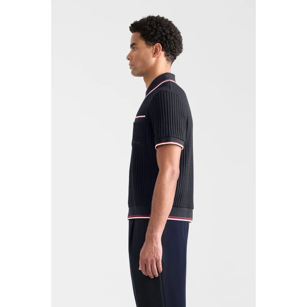 Mackage Estaban Crochet Knit Quarter-Zip Polo Shirt in Navy-Multi
