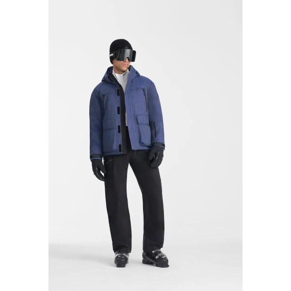 Mackage Frost-DNM Denim Down Ski Jacket in Medium Denim, view 2 | Men Jackets | Coveti