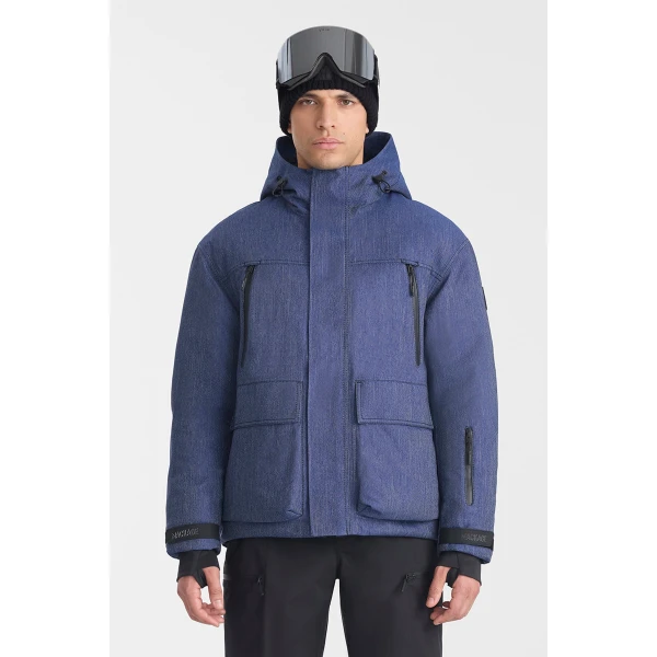 Mackage Frost-DNM Denim Down Ski Jacket in Medium Denim, view 3 | Men Jackets | Coveti