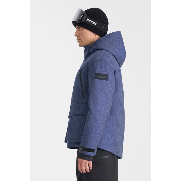 Mackage Frost-DNM Denim Down Ski Jacket in Medium Denim, view 5 | Men Jackets | Coveti