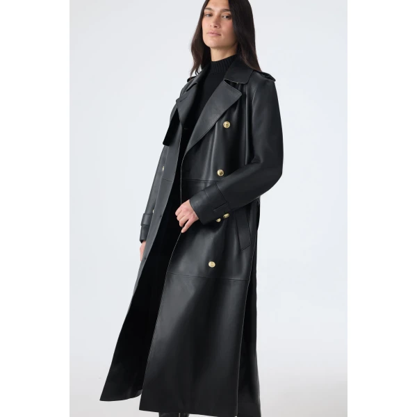Mackage Gael-V Maxi Leather Trench Coat in Black-Gold