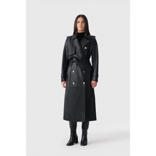 Mackage Gael-V Maxi Leather Trench Coat in Black-Gold