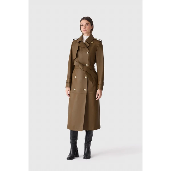 Mackage Gael-V Maxi Leather Trench Coat in Earth Brown
