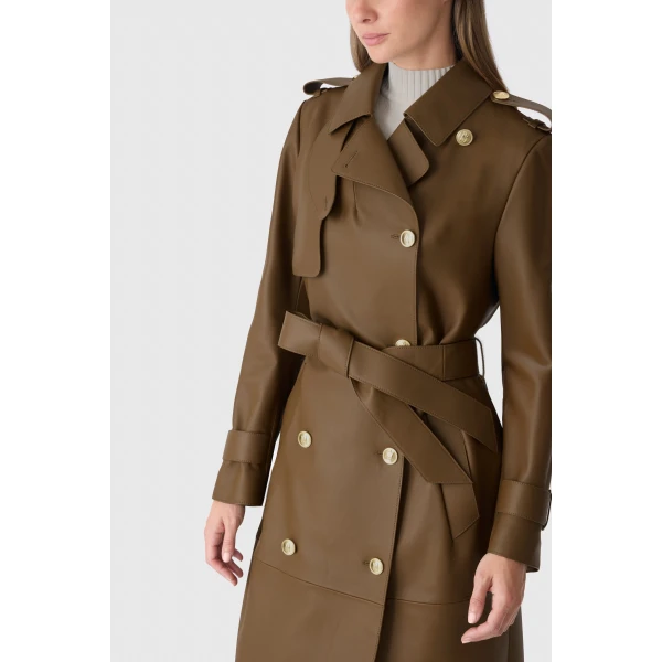 Mackage Gael-V Maxi Leather Trench Coat in Earth Brown