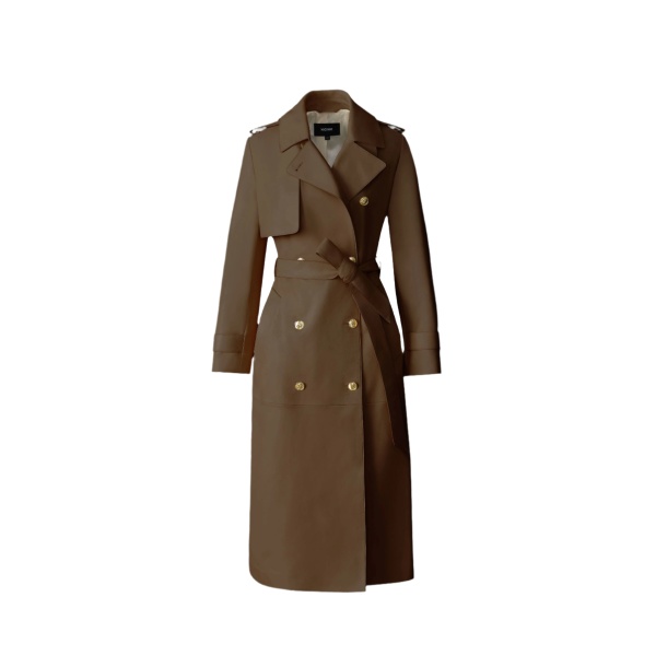 Mackage Gael-V Maxi Leather Trench Coat in Earth Brown