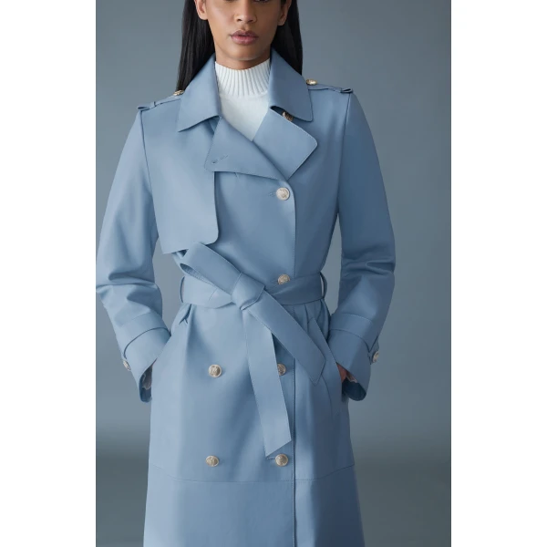 Mackage Gael-V Maxi Leather Trench Coat in Fog Blue