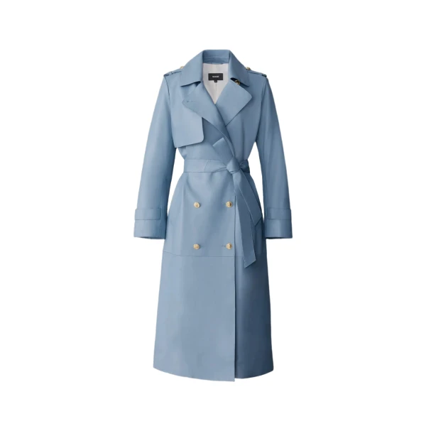 Mackage Gael-V Maxi Leather Trench Coat in Fog Blue