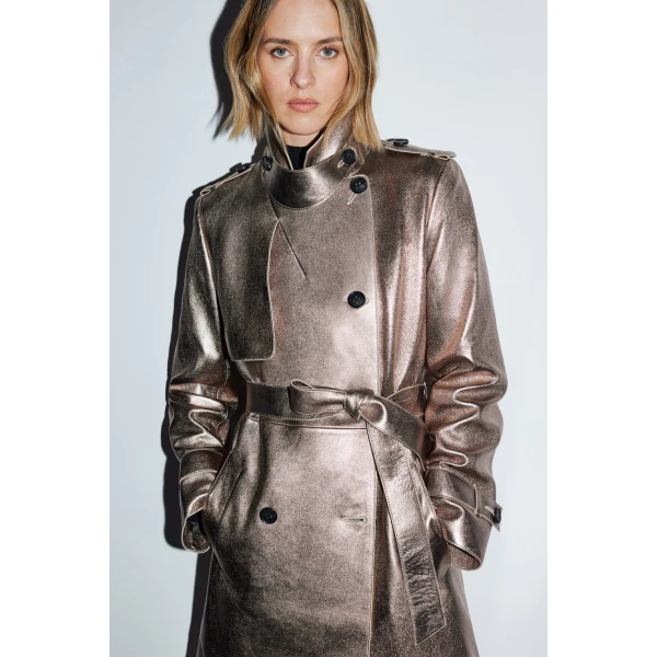 Mackage Gael-V Maxi Leather Trench Coat in Quartz