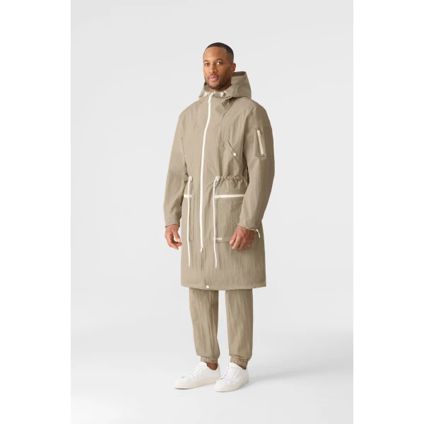 Mackage Gage Long Seam Sealed Ripstop Raincoat in Taupe