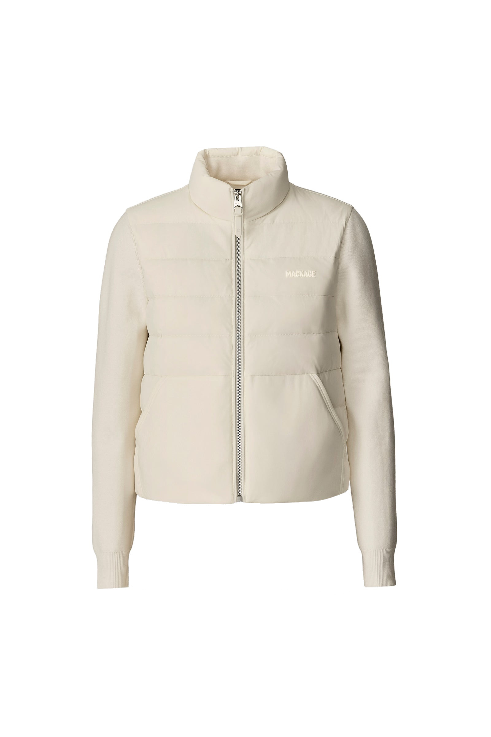 Mini Lin Bucket Mackage Gretel Hybrid Down Jacket in Cream | Buy Jackets at Coveti