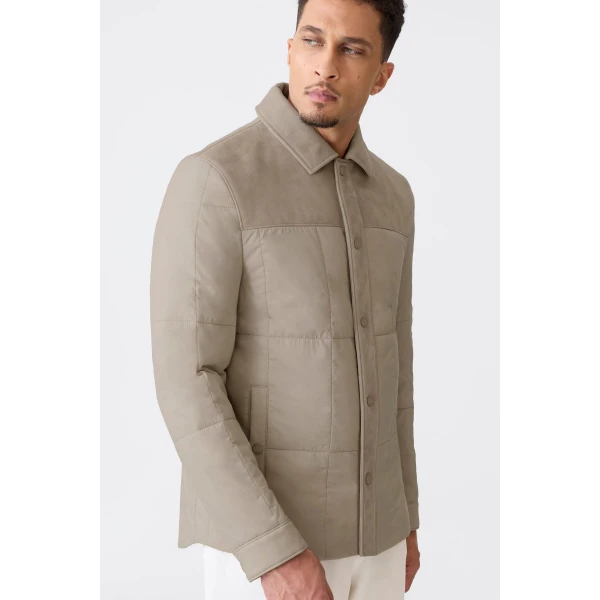 Mackage Henrik Mixed-Media Suede Shirt Jacket in Taupe