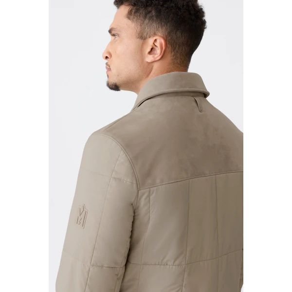 Mackage Henrik Mixed-Media Suede Shirt Jacket in Taupe