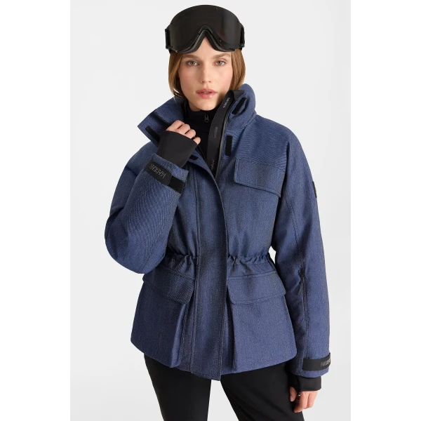 Mackage Iclyn-DNM Denim Down Jacket in Medium Denim, view 2 | Ski jacket | Coveti