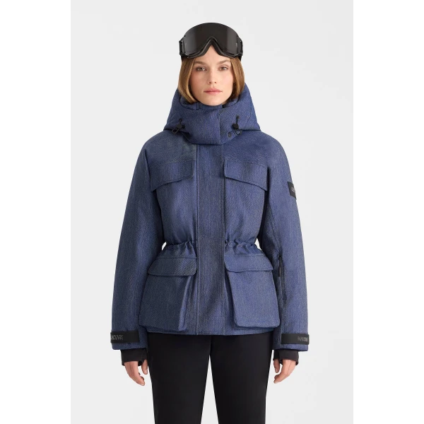 Mackage Iclyn-DNM Denim Down Jacket in Medium Denim, view 3 | Ski jacket | Coveti