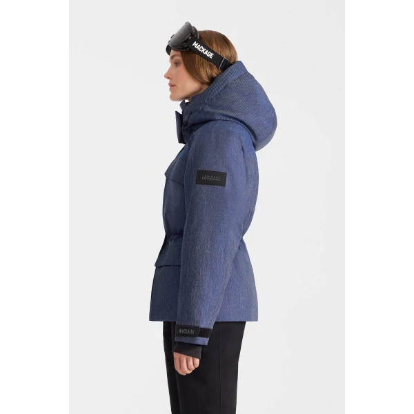 Mackage Iclyn-DNM Denim Down Jacket in Medium Denim, view 5 | Ski jacket | Coveti