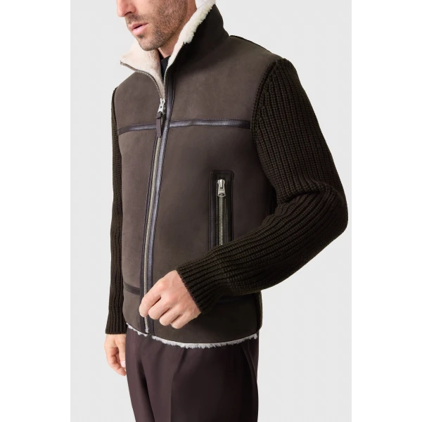 Mackage Jonathan Mixed-Media Shearling Jacket in Coffee-Natural