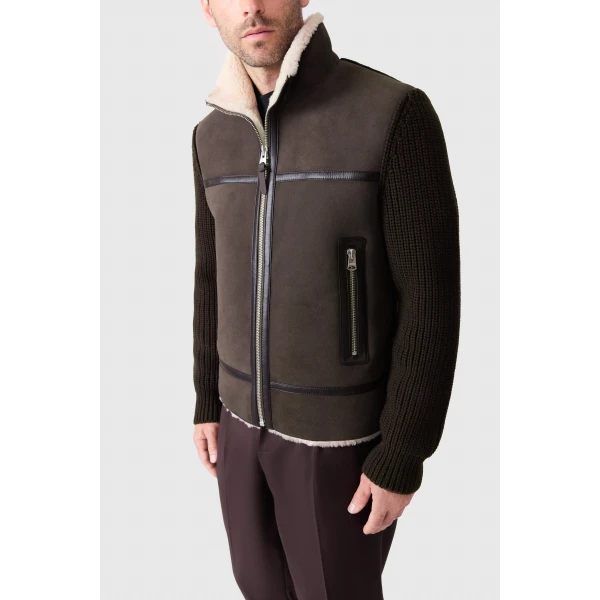 Mackage Jonathan Mixed-Media Shearling Jacket in Coffee-Natural