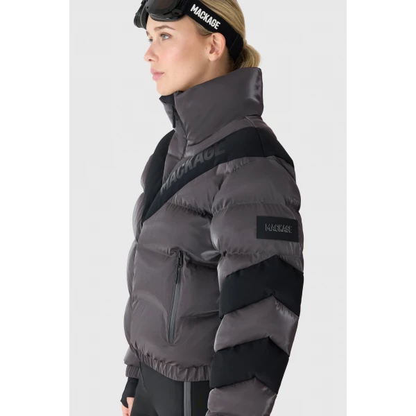 Mackage Kairi-GLO High-Gloss Down Ski Jacket in Carbon, view 2 | Ski jacket | Coveti