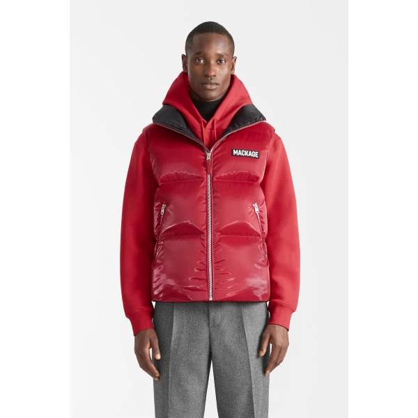 Mackage Kane-GLO High-Gloss Down Vest in Dark Red