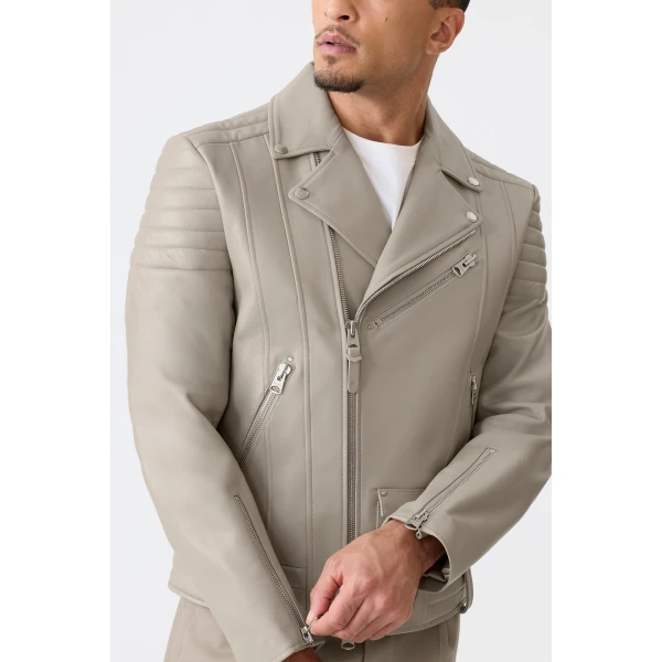 Mackage Kenneth Leather Biker Jacket in Taupe