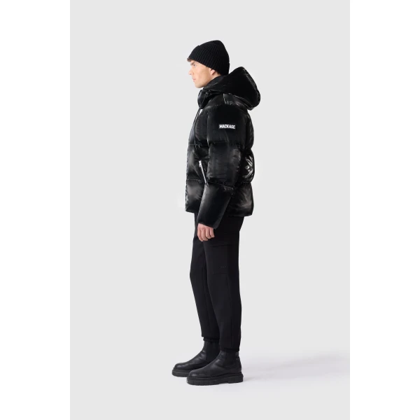 Mackage Kent-GLO High-Gloss Removable Hooded Down Jacket in Black