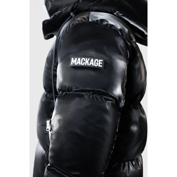 Mackage Kent-GLO High-Gloss Removable Hooded Down Jacket in Black