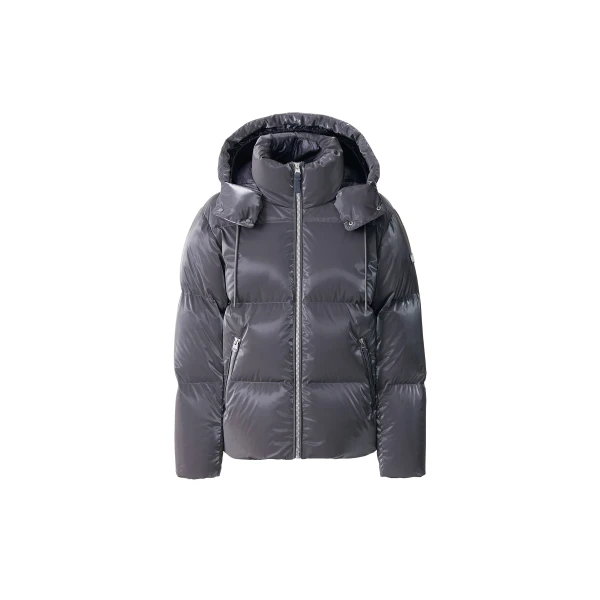 Kent-GLO High-Gloss Removable Hooded Down Jacket in Carbon