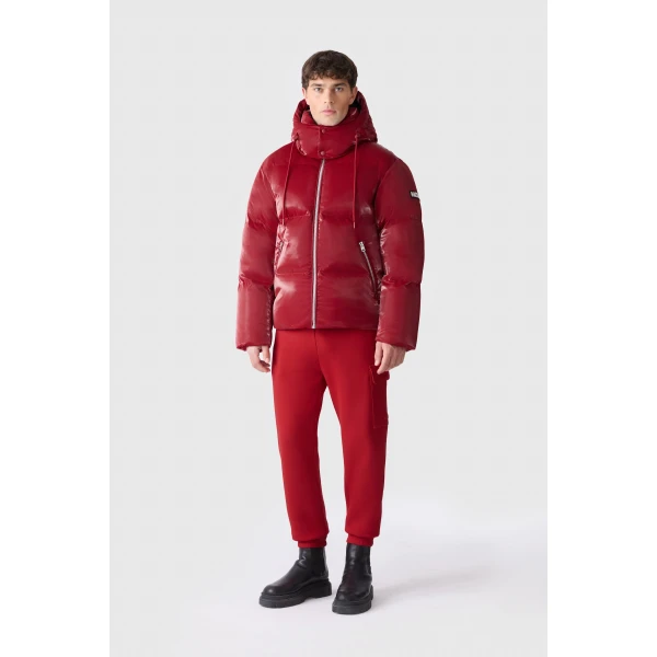 Mackage Kent-GLO High-Gloss Removable Hooded Down Jacket in Dark Red