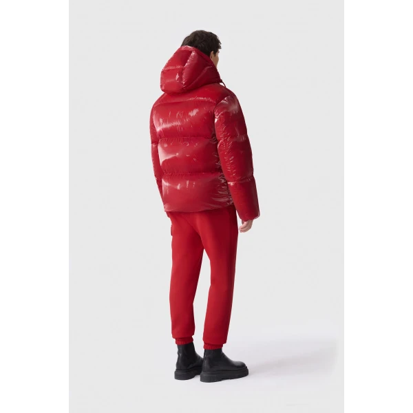 Mackage Kent-GLO High-Gloss Removable Hooded Down Jacket in Dark Red
