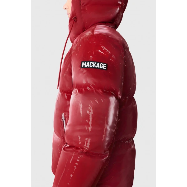 Mackage Kent-GLO High-Gloss Removable Hooded Down Jacket in Dark Red