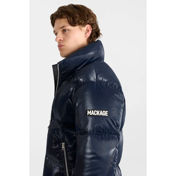 Mackage Kent-GLO High-Gloss Removable Hooded Down Jacket in Marine Blue