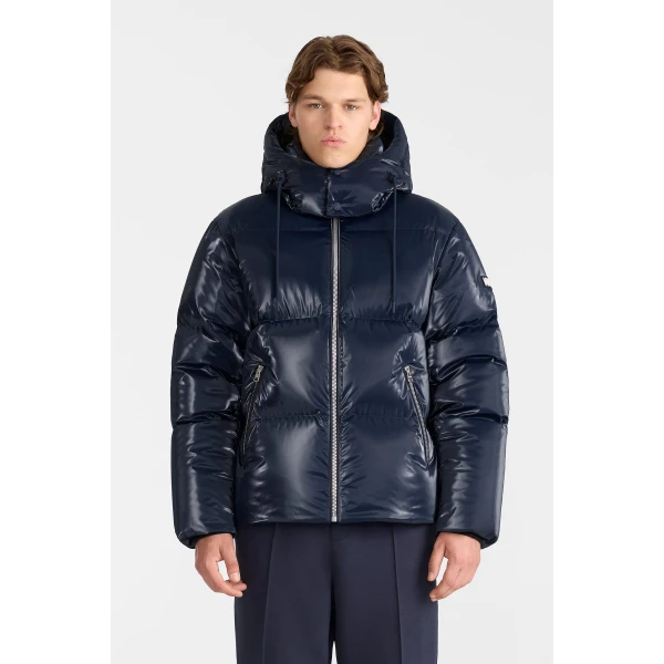 Mackage Kent-GLO High-Gloss Removable Hooded Down Jacket in Marine Blue