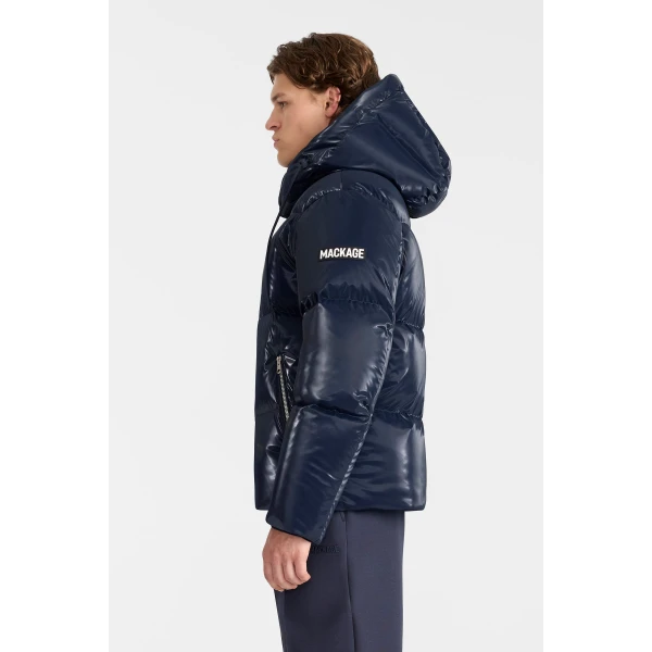 Mackage Kent-GLO High-Gloss Removable Hooded Down Jacket in Marine Blue