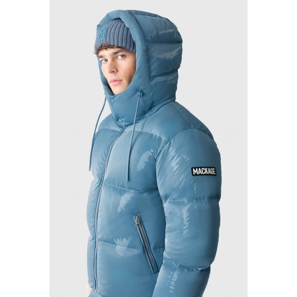 Mackage Kent-GLO High-Gloss Removable Hooded Down Jacket in Provincial Blue