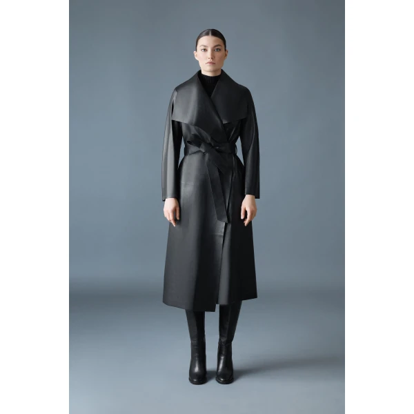 Mackage Mai-L Long Leather Wrap Coat in Black