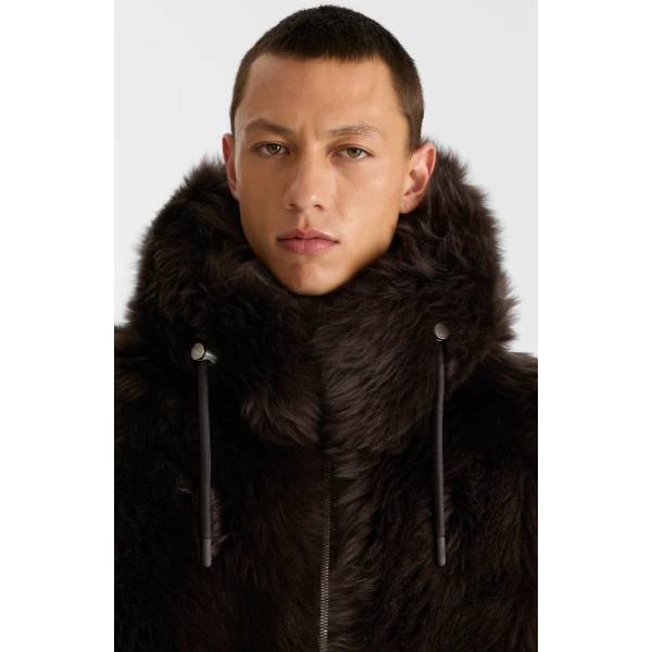 Mackage Moses Hooded Shearling Jacket in Coffee