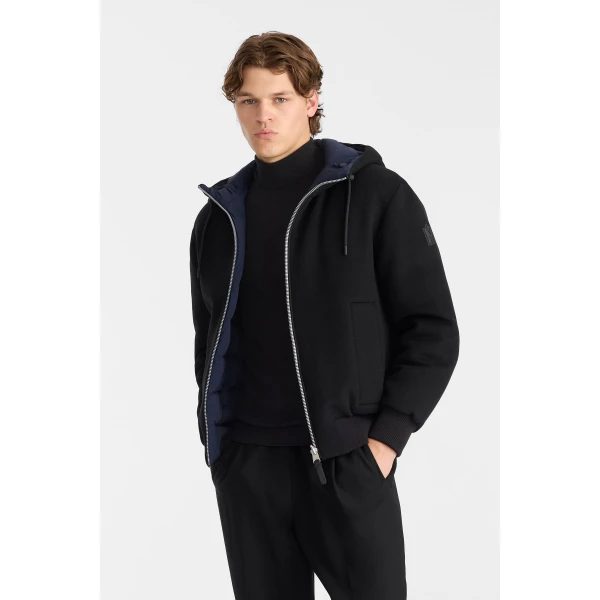 Mackage Niko Reversible Hooded Wool Down Jacket in Black-Marine Blue