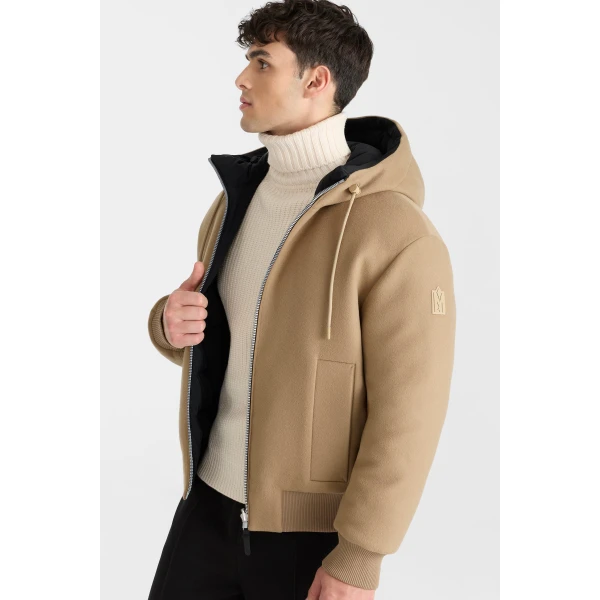Mackage Niko Reversible Hooded Wool Down Jacket in Light Camel-Black
