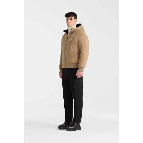 Mackage Niko Reversible Hooded Wool Down Jacket in Light Camel-Black