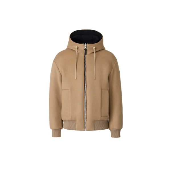 Niko Reversible Hooded Wool Down Jacket in Light Camel-Black