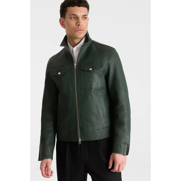 Mackage Otto-PB Pebble Leather Jacket in Evergreen