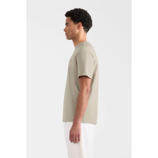 Mackage Tee-MNV Double Crewneck Collar T-Shirt in Taupe-White