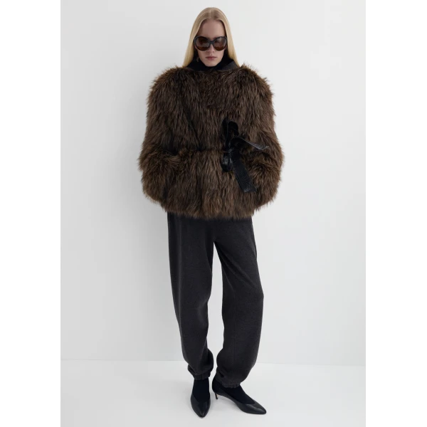 Magda Butrym Belted faux fur jacket in brown, view 3