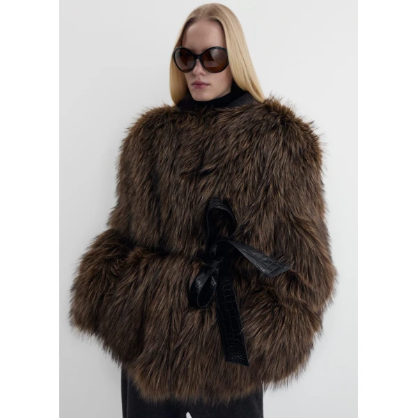 Magda Butrym Belted faux fur jacket in brown, view 4